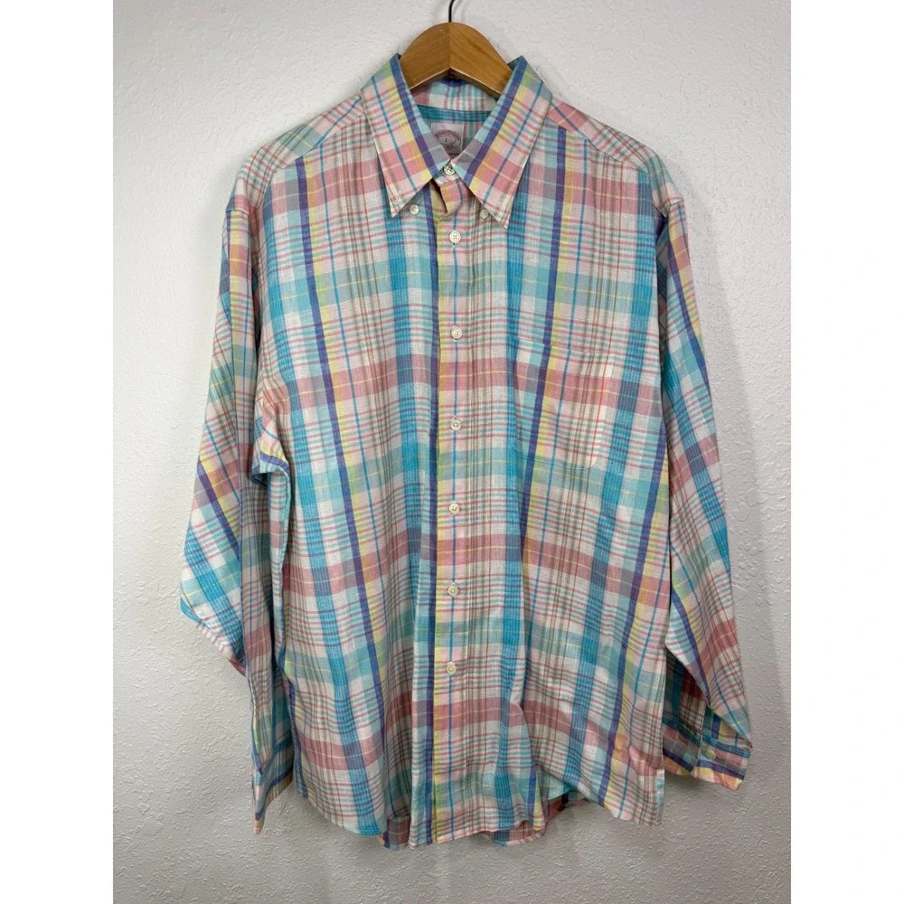 Brooks Brothers Men Large Button Down Shirt Pastel‎ Plaid Irish Linen Coastal